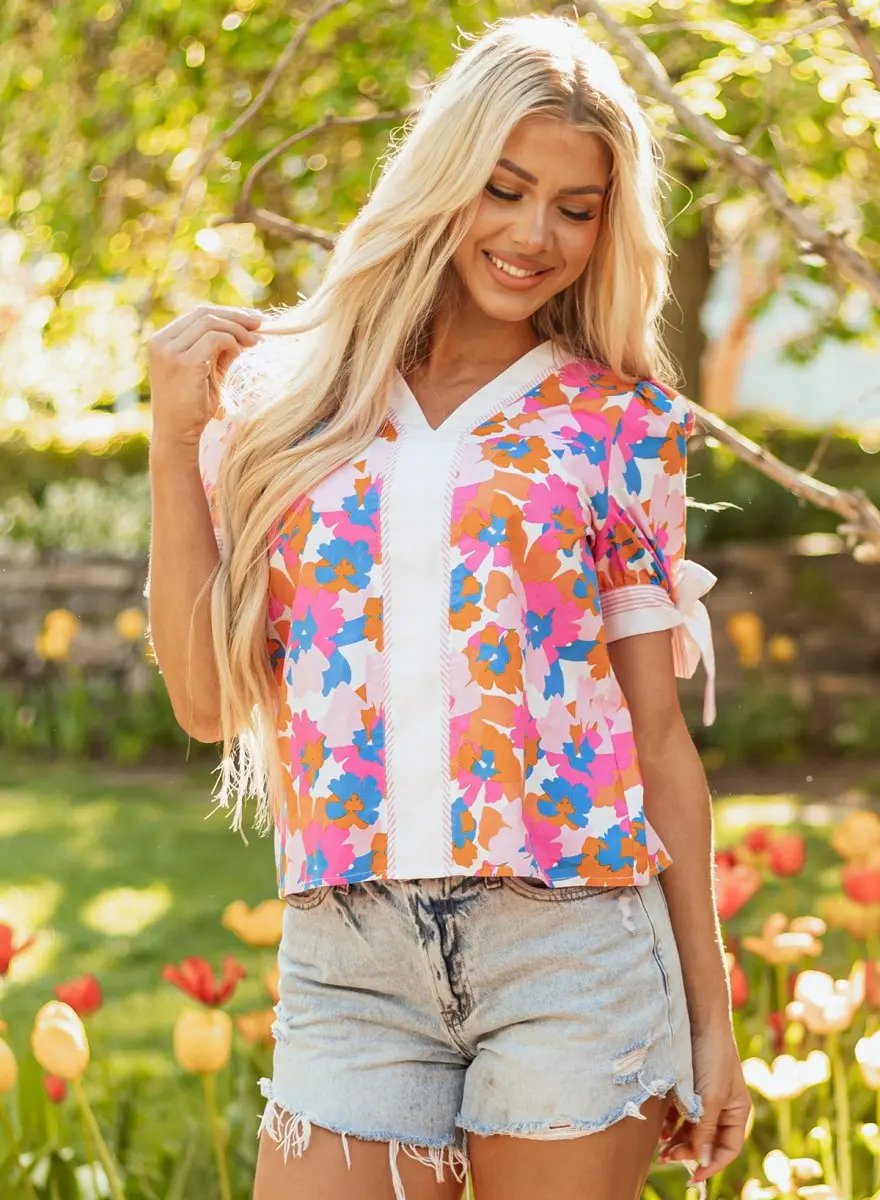 White Floral Colorblock Striped Edge V Neck Knotted Blouse - Love Salve